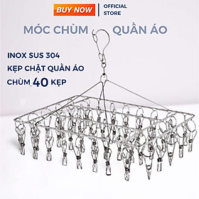 Móc Chùm Inox 304 Cao Cấp Bền Đẹp, Mắc Phơi Quần Áo - 40 kẹp Kt: 56x35cm