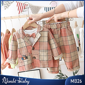 Bộ vest 3 chi tiết bé trai công tử nhỏ, chất thô dày dặn, phom dáng đẹp, kèm nơ xinh xắn, diện sinh nhật, sự kiện | MB26