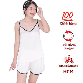 Bộ đồ ngủ nữ 2 dây mặc nhà dễ thương VILADY - B111 kiểu 2 dây quần cộc màu trắng gạo mềm mát, chất liệu Lụa Pháp ( lụa latin) cao cấp