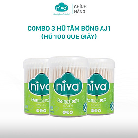 Combo 3 Tăm Bông Niva Hũ Xoay 100 Que Thân Giấy AJ1 Đa Năng Chuyên Dùng Ngoáy Tai, Vệ Sinh, Trang Điểm, Thân Thiện Môi Trường