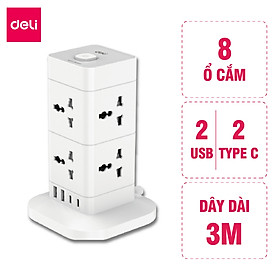 Ổ cắm điện đa năng Deli Công Suất 2500W - Tích Hợp Ổ USB & Type C Thiết Kế Cầu Chì Tự Ngắt Khi Quá Tải, Nắp Chống Giật