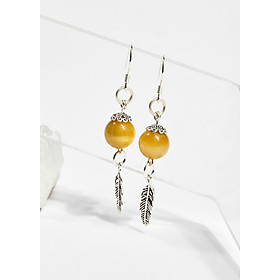 Bông tai đá mắt hổ charm lông vũ 10mm mệnh thổ , kim - Ngọc Quý Gemstones