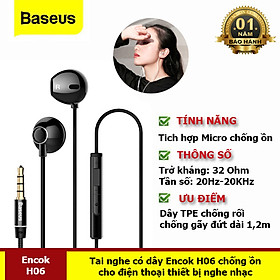 Tai Nghe Có Dây Mic Bass Âm Thanh Jack 3.5Mm Cho Điện Thoại(Encok H06) Samsung Xiaomi - Hàng Chính Hãng Baseus