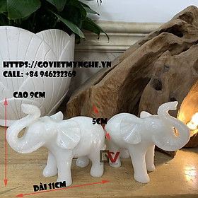 [Tượng con voi] Cặp 2 Tượng voi đá phong thủy trang trí nhà cửa dáng voi vòi hướng lên - Dài 11cm - Trắng đá non nước