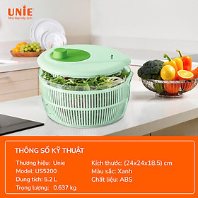 Mua  Hàng chính hãng  Rổ quay rau ly tâm Unie US5200 - Dung tích 5 2L - Làm khô thực phẩm nhanh chóng không bị dập nát