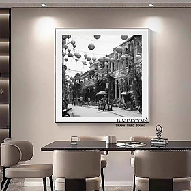 Tranh treo tường vải canvas trang trí phong cảnh hội an trắng đen trang trí (tặng kèm đinh)