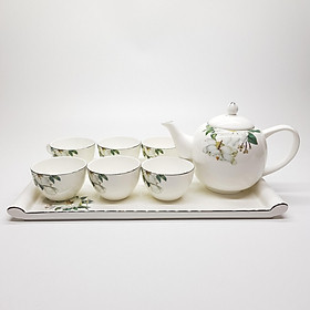 Bộ tách trà khay Sứ xương Bone Porcelain (Bình 1L, Tách 130ml) (Nhiều hoa văn)