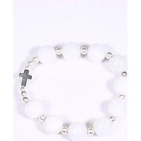 Vòng chuỗi mân côi đá xà cừ trắng mix thánh giá bạc hạt đá 10mm - Ngọc Quý Gemstones