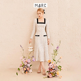Đầm nữ marc fashion tweed midi tay dài cổ vuông