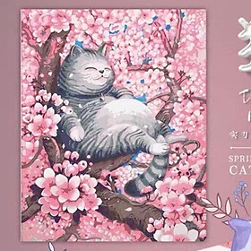 Mua Tranh sơn dầu số hóa tự tô -mèo béo trên hoa đào