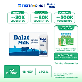 [05-09.08 QT Đơn Từ 999K] Thùng 48 hộp sữa tươi tiệt trùng Dalatmilk có đường 180 ml