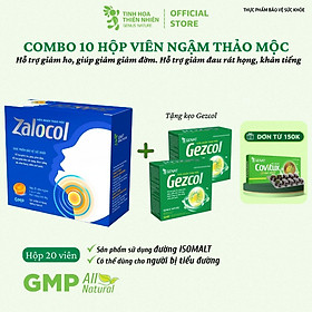 Combo 10 hộp viên ngậm ho thảo mộc Zalocol Hỗ trợ giảm đờm, giảm đau rát họng, khản tiếng do viêm họng, viêm phế quản (Hộp 20 viên) tặng túi gừng- Genat