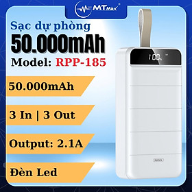 Sạc Dự Phòng RPP185 | 50000mAh 3 Cổng Sạc Vào, 3 Cổng Sạc Ra, Thiết Kế Bằng Nhựa Cao Cấp, Bền và Chắc Chắn