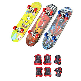 Combo Ván Trượt Skateboard Trẻ Em Nhiều Họa Tiết + Bộ Bảo Hộ Tay Chân (Giao Màu Ngẫu Nhiên)