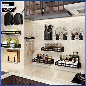 Kệ gia vị dán tường dài sơn đen tĩnh - kèm miếng dán chuyên dụng kệ treo tường bằng thép carbon không gỉ, siêu chịu lực
