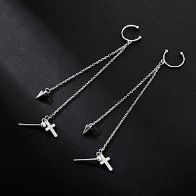 Bông tai bạc nữ kẹp vành tai thả thánh giá khuyên tai nữ phong cách Hàn Quốc (Một chiếc)
