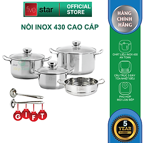 Bộ nồi xửng Fivestar 4 món nắp kính tặng 2 vá canh