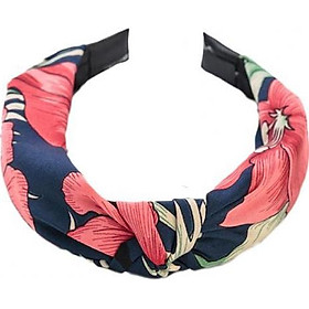 Bờm cài tóc turban nữ BN23A bản to họa tiết hoa đỏ nền xanh đậm