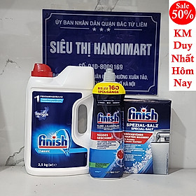 Combo bột rửa bát Finish 2:5 kg + Muối rửa chén Finish 1,2kg +chai nước làm bóng Finish