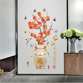 Decal trang trí tường - Chậu hoa Đỏ cùng bướm 3D nổi bật