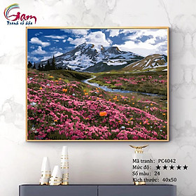 Tranh sơn dầu số hóa tự tô màu phong cảnh đồng hoa tím núi tuyết PC4042