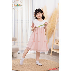 Váy hè cho bé gái, Đầm babydoll trẻ em 2-10 tuổi cổ điệu đính nơ vải tơ nhẹ hàng thiết kế kiểu dáng điệu đà