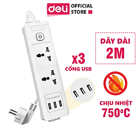 Ổ Cắm Điện Tích Hợp Cổng USB Đa Năng Deli , 2-6 Lỗ Cắm Đầu 3 Công Suất 2500W, Dây 2-5M Tiện Dụng, An Toàn, Chống Cháy Nổ - 2 ổ, 3 USB, dây 2m