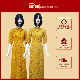 Áo dài Cách tân họa tiết hoa nhí mới, chất đũi lụa màu vàng, tay phồng