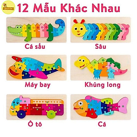 Đồ chơi trẻ em tranh ghép hình nối theo số 12 mẫu khác nhau, bằng gỗ giúp bé phát triển vận động tinh và tư duy