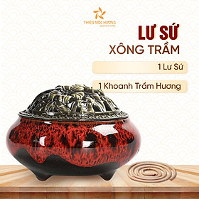 Lư Sứ Xông Trầm Hương - Tặng nhang khoanh Trầm Hương cao cấp - Nắp đồng hoa văn, sứ cao cấp - Thiên Mộc Hương