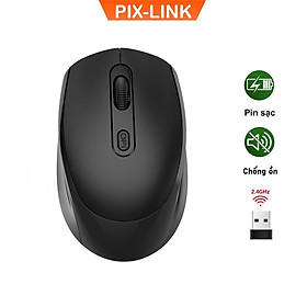 Chuột Không Dây PIX-LINK P100 Wireless 2.4Ghz Sạc Pin, Chống Ồn, DPI1600 Dùng Cho Máy Tính, Laptop, Tivi-Hàng Chính Hãng - Đen