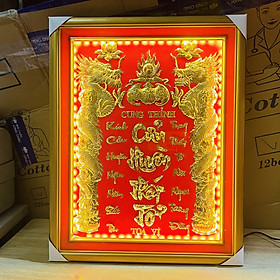 Cửu Huyền Thất Tổ dát vàng 24 K có đèn, khung gỗ sơn vàng cao 48cm x ngang 38cm