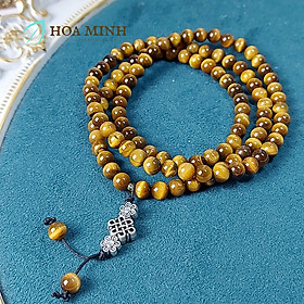 Vòng tay đá Mắt Hổ vàng nâu VIP 5A tự nhiên chuỗi 108 hạt size 6 li phối charm cát tường hoa mai bình an, lộc phát - 15-17.5cm