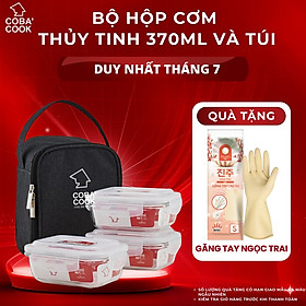 Bộ túi hộp cơm thủy tinh COBA'COOK Thủy tinh cường lực chịu nhiệt tới 400 độ C Gồm 3 hộp 370ml và 1 túi - CCL33BS