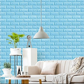 10 miếng xốp dán tường giả gạch màu xanh da trời kích thước 1 miếng(70*77 cm), chịu lực, chịu nước và chống ẩm mốc.