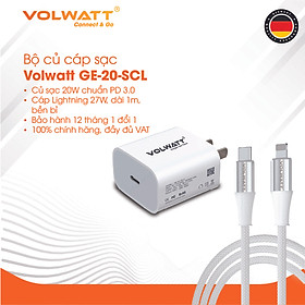 Bộ củ cáp sạc nhanh Volwatt GE-20-SCL 20W hàng chính hãng | Adapter PD Type-C + Cáp Type-C to L 27W, dài 1m – Sạc nhanh cho iPhone/iPad