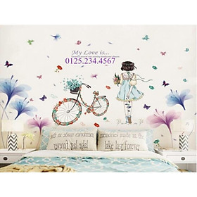 Decal dán tường Combo 2 tranh Hoa pha lê xanh tím + cô gái xe đạp