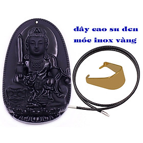 Mặt Phật Văn thù thạch anh đen 5 cm kèm móc và vòng cổ dây cao su, Mặt Phật bản mệnh size L, mặt dây chuyền Phật