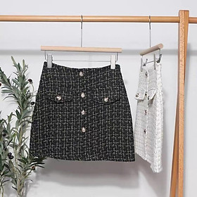 MS1025 Chân váy dạ tweed chữ A túi giả đính cúc
