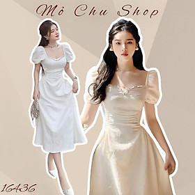 Đầm midi gấm tay phồng viền đá