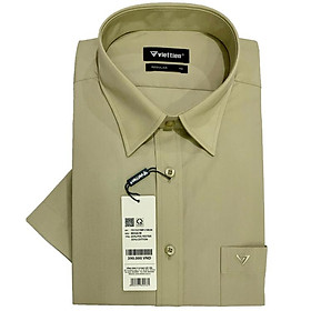 Viettien - Áo sơ mi nam ngắn tay vạt bầu màu be dáng regular rộng - Áo sơ mi công sở nam Việt Tiến