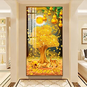 (ẢNH THẬT) Tranh treo tường tráng gương cây kim tiền vàng 5 khổ dọc trang trí decor phòng khách