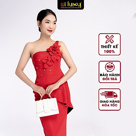 Đầm đỏ lệch vai dự tiệc thiết kế cao cấp Siluxy dáng ôm peplum che khuyết điểm phần eo vài hở đính hoa 3D thủ công H3- 32