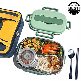 Mua Hộp Cơm Giữ Nhiệt Văn Phòng Besti - Chất Liệu Inox 304 Cao Cấp An Toàn  4 Ngăn Chống Tràn  Hâm Nóng Đơn Giản + Tặng Kèm Bộ Đũa Thìa Inox - Hàng Chính Hãng