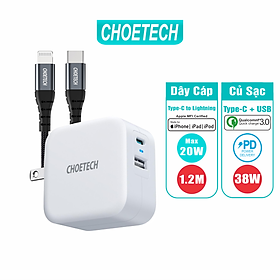 Bộ Củ Sạc CHOETECH QC 3.0 & PD 3.0 38W PD5002-W + Cáp Type C To Lightning MFI Apple 1.2M IP0039 Sạc Nhanh iPhone - Hàng Chính Hãng