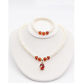 Bộ Chuỗi Ngọc Trai Phát Tài Lộc Mã Não Đỏ Charm Hoa Vàng BNJ-1208 Bảo Ngọc Jewelry