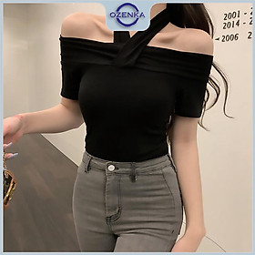 Áo croptop trễ vai tay ngắn ôm nữ Ozenka , áo crt kiểu cổ v thun cotton màu đen trắng dưới 55 cân