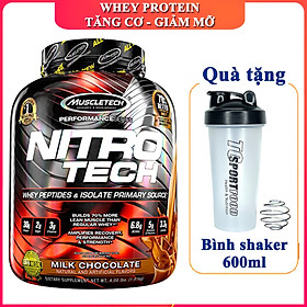 Combo Sữa tăng cơ cao cấp Whey Protein Nitro Tech của MuscleTech hương Chocolate hộp 40 lần dùng 4 LBS hỗ trợ tăng cơ, giảm cân, đốt mỡ cho người tập GYM & Bình lắc 600 ml (Màu Ngẫu Nhiên)