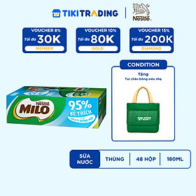 [Tặng túi chần bông] Thùng 48 hộp sữa lúa mạch Nestlé MILO Ít đường 180ml
