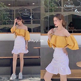 Set áo trễ vai 2 lớp nhún bèo kèm chân váy nhún